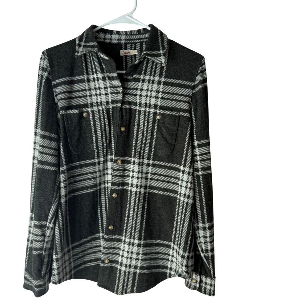 Faherty Fitted Flannel Long Sleeve Shirt Womens S Charcoal White Plaid Button Up